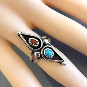 Vintage Southwestern Coral Turquoise Sterling Silver Ring